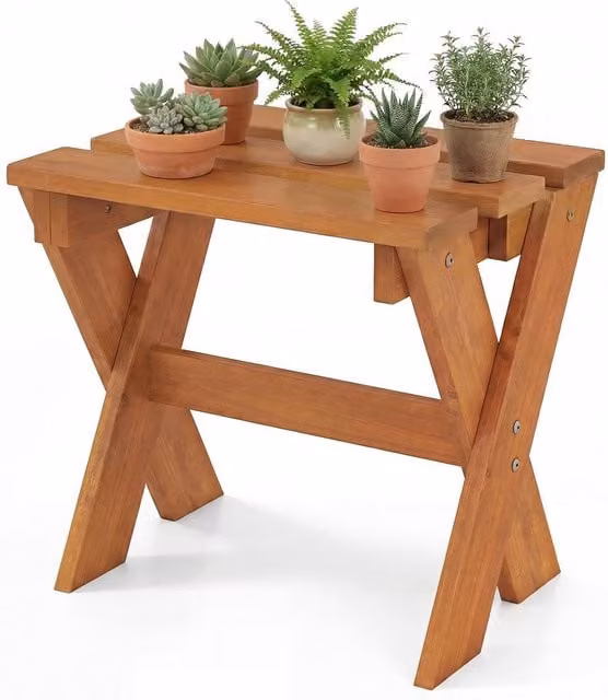 Costway Solid Wood Side Table and Flower Stand in Brown and Beige