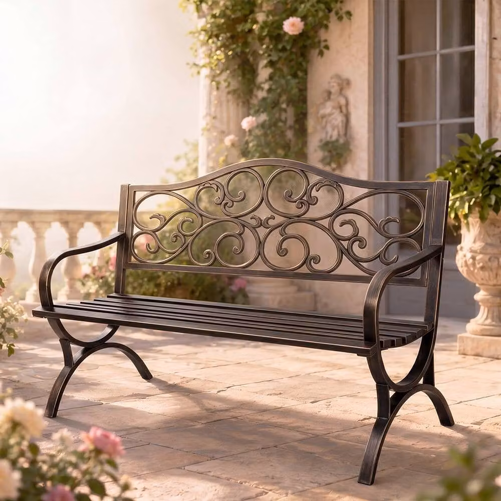 Levede Bronze Floral Pattern Metal Garden Bench – 8
