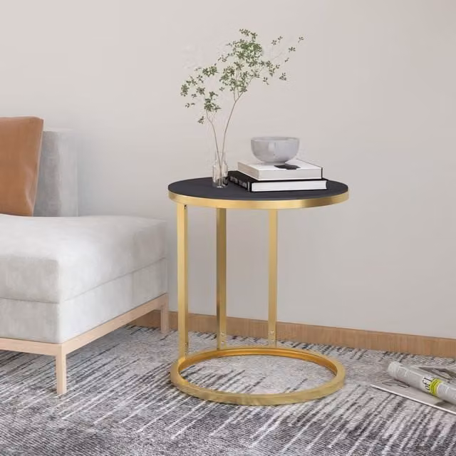Berkfield Home Modern Round Side Table in Gold and Black with Tempered Glass Top, Diameter: 45 cm