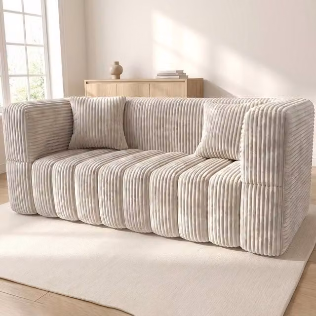 RUMMY Modern 2 Seater Upholstered Foam Sofa with Armrests and 2 Scatter Cushions in Beige – 1