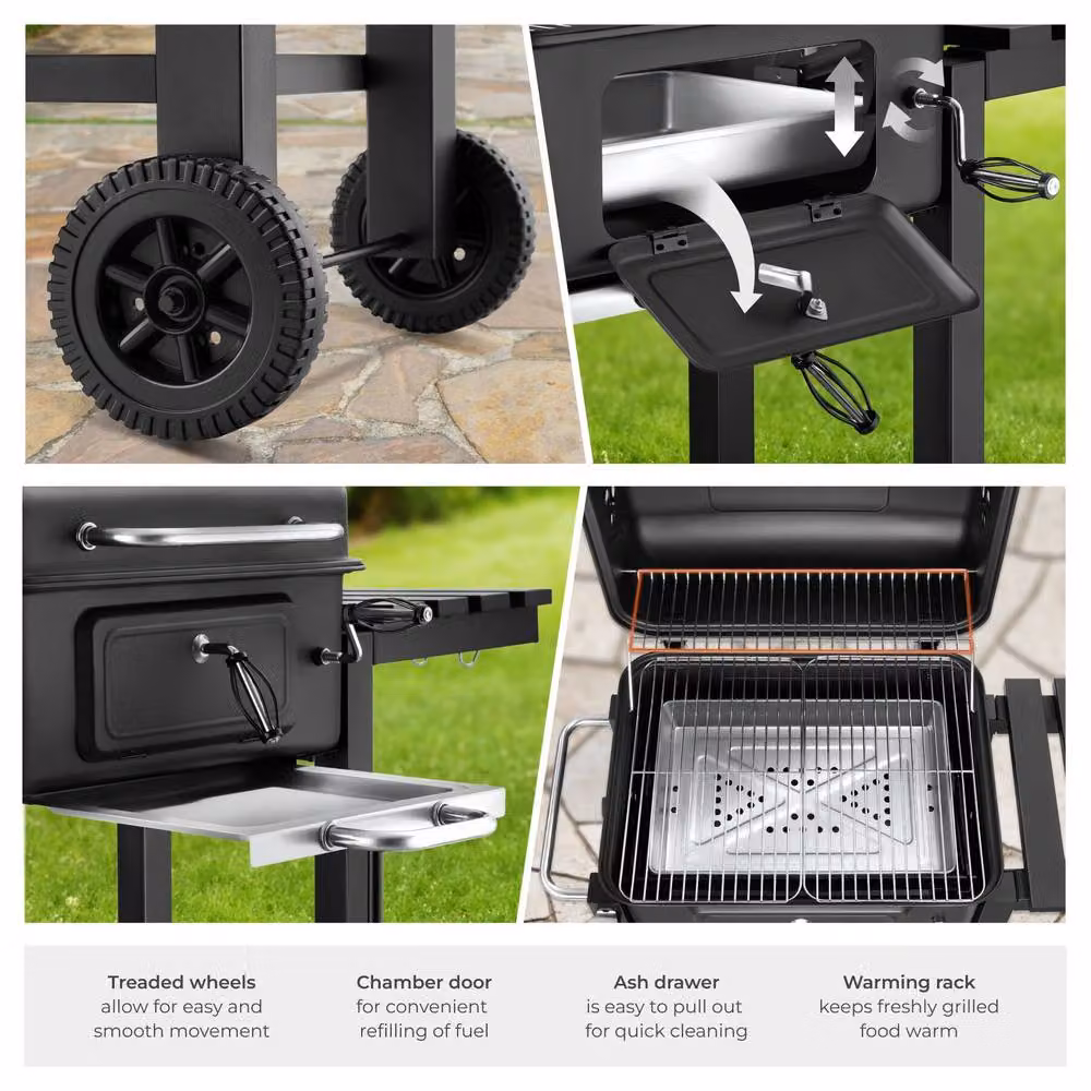 tectake Florian Charcoal Grill in Black with Wheels, Warming Rack and Thermometer, W/D/H: 110 x 64 x 104 cm – 7