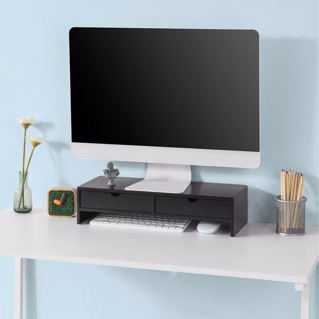 SoBuy Monitor Stand Desk Organizer with 2 Drawers, Black