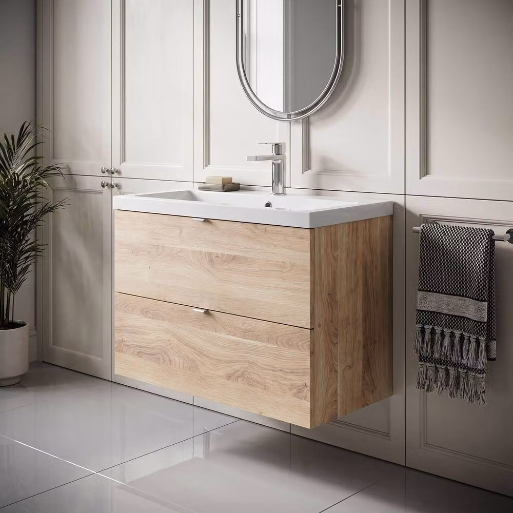 Balterley Alrewas Contemporary 2 Drawer Wall Hung Vanity Basin Unit, Brown Oak, Width: 80 cm – 2