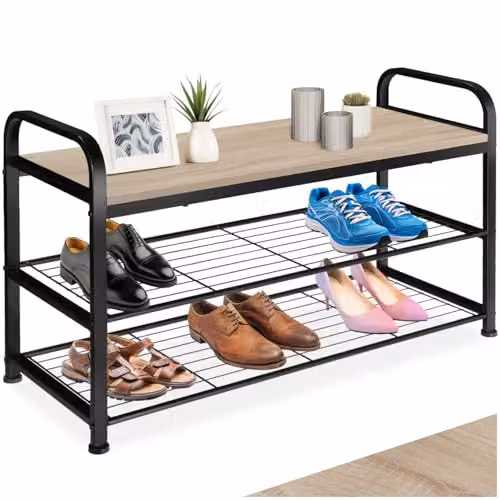 tectake 3-Tier Industrial Shoe Rack in Oak and Black, W/D/H: 91 x 36 x 55 cm