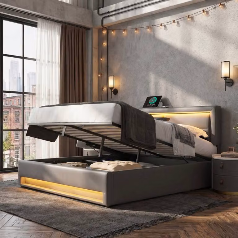 ModernLuxe Upholstered King Bed in Grey with Hydraulic Storage, LED Lighting and USB Charging Port, W/D/H: 150 x 200 cm