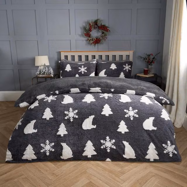 OHS Grey Polar Bear Fleece Duvet Set, 140 x 200 cm