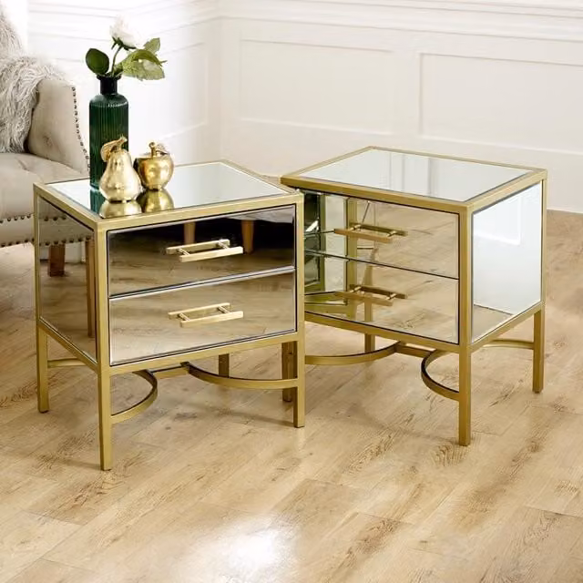 Melody Maison Venus Range Pair of Gold Mirrored Bedside and Occasional Tables
