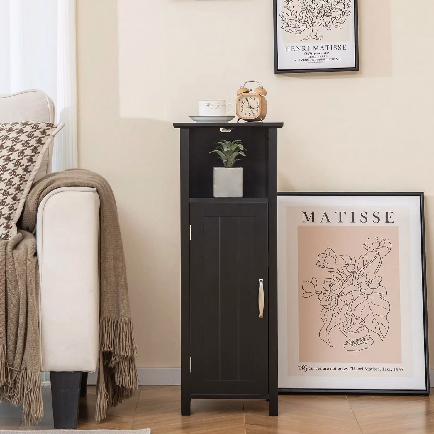 Gymax Freestanding Narrow Bathroom Floor Cabinet in Matt Black with Hinged Doors and Internal Shelves – 3