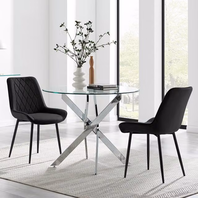 FurnitureboxUK Novara 100cm Round Glass Dining Table and 2 Pesaro Black Leg Chairs Set - Black