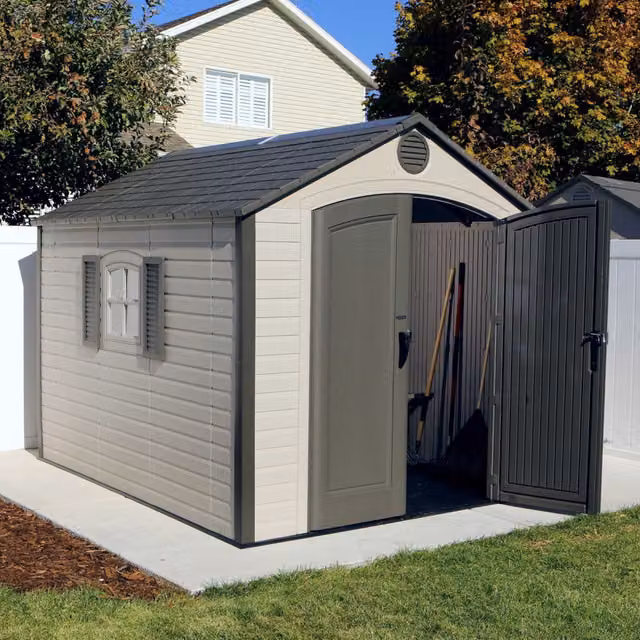 Lifetime Special Edition Heavy Duty Plastic and Steel Garden Shed in Beige, Grey and Yellow, W: 243.84 cm, D: 304.8 cm, H: 243.84 cm