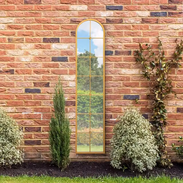 MirrorOutlet Arcus Slim Arch Leaner Garden Wall Mirror in Gold, Height: 190 cm