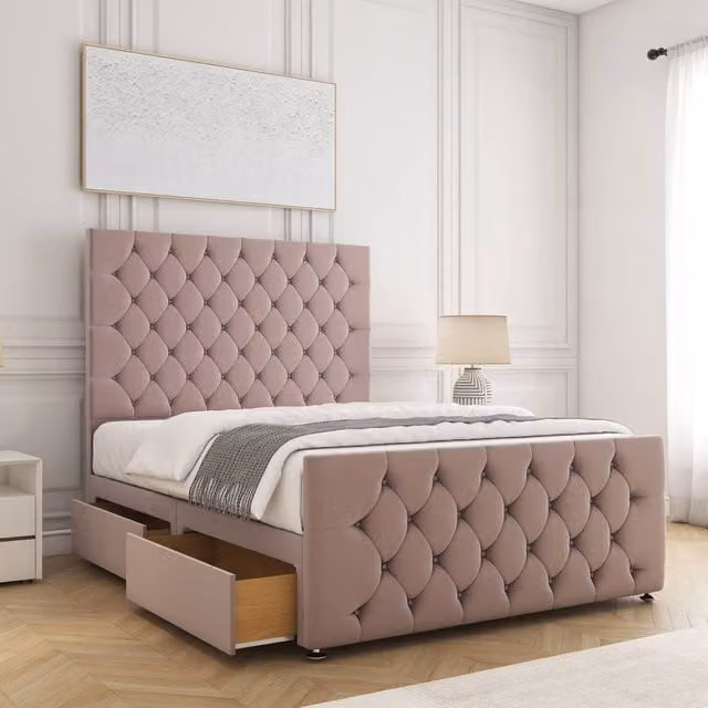 BSSPOKE Maya Plush Velvet Divan Bed with 54 inch Headboard, 2 Same Side Drawers and Mattress, Pink, W/D/H: 180 x 200 cm