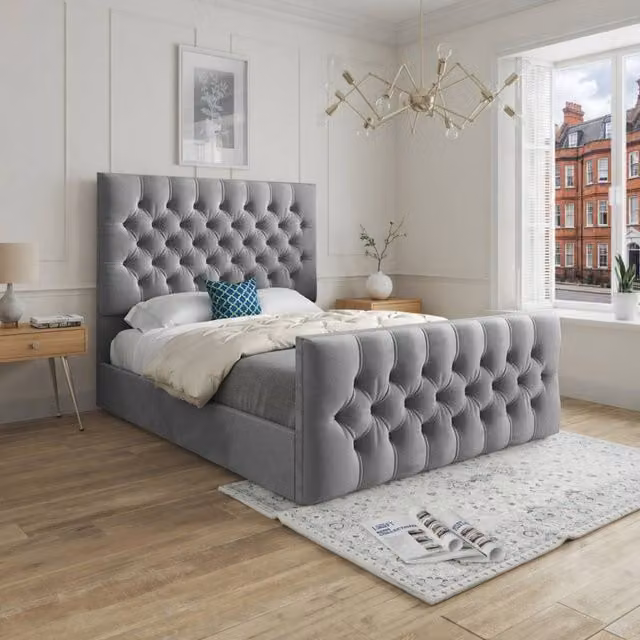KDMD Shawford Grey Velvet Upholstered Chesterfield Bed Frame, W/D/H: 200 x 189 x 137 cm