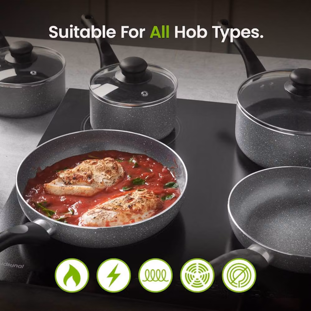 VonShef 8 Piece Non-Stick Granite Pots and Pans Set in Grey, Induction Safe with Glass Lids – 2