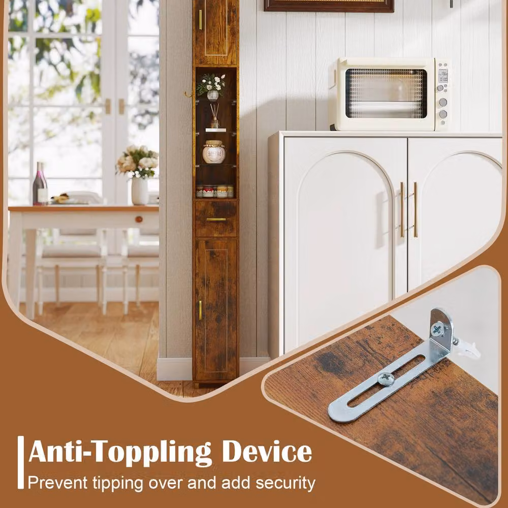 Costway Brown Freestanding Narrow Bathroom Storage Cabinet with 3 Hinged Doors and Internal Shelves, Height: 180 cm – 5