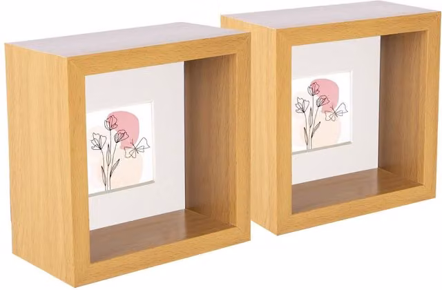 Nicola Spring Modern Square Single Tabletop 3D Deep Box Photo Frame in Beige and Yellow, W/D/H: 10.16 x 10.16 x 10.16 cm