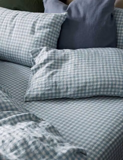 Piglet In Bed Pure Linen Gingham Fitted Sheet, Light Blue Mix, Single (3 ft)
