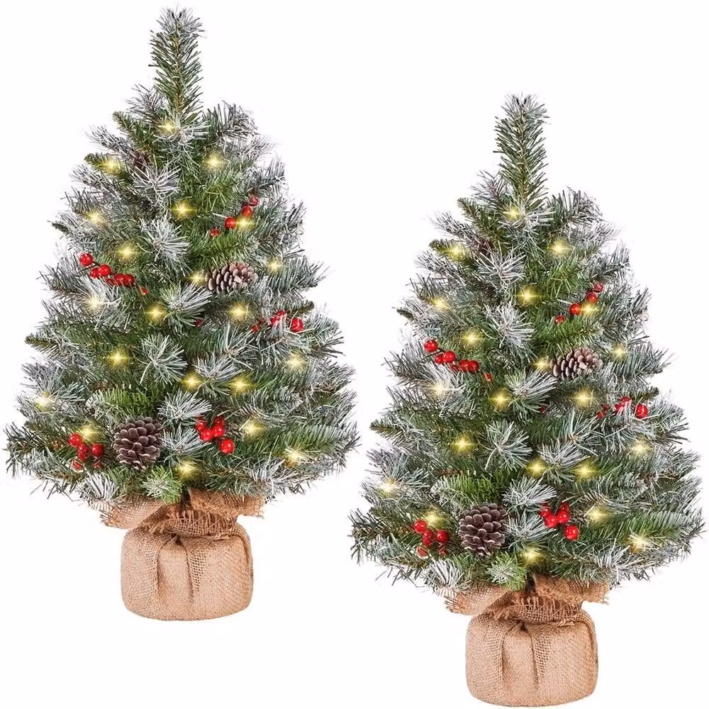 EONLION Set of 2 Pre-Lit Tabletop Christmas Trees with Multicolour LED Lights, White and Green – 3