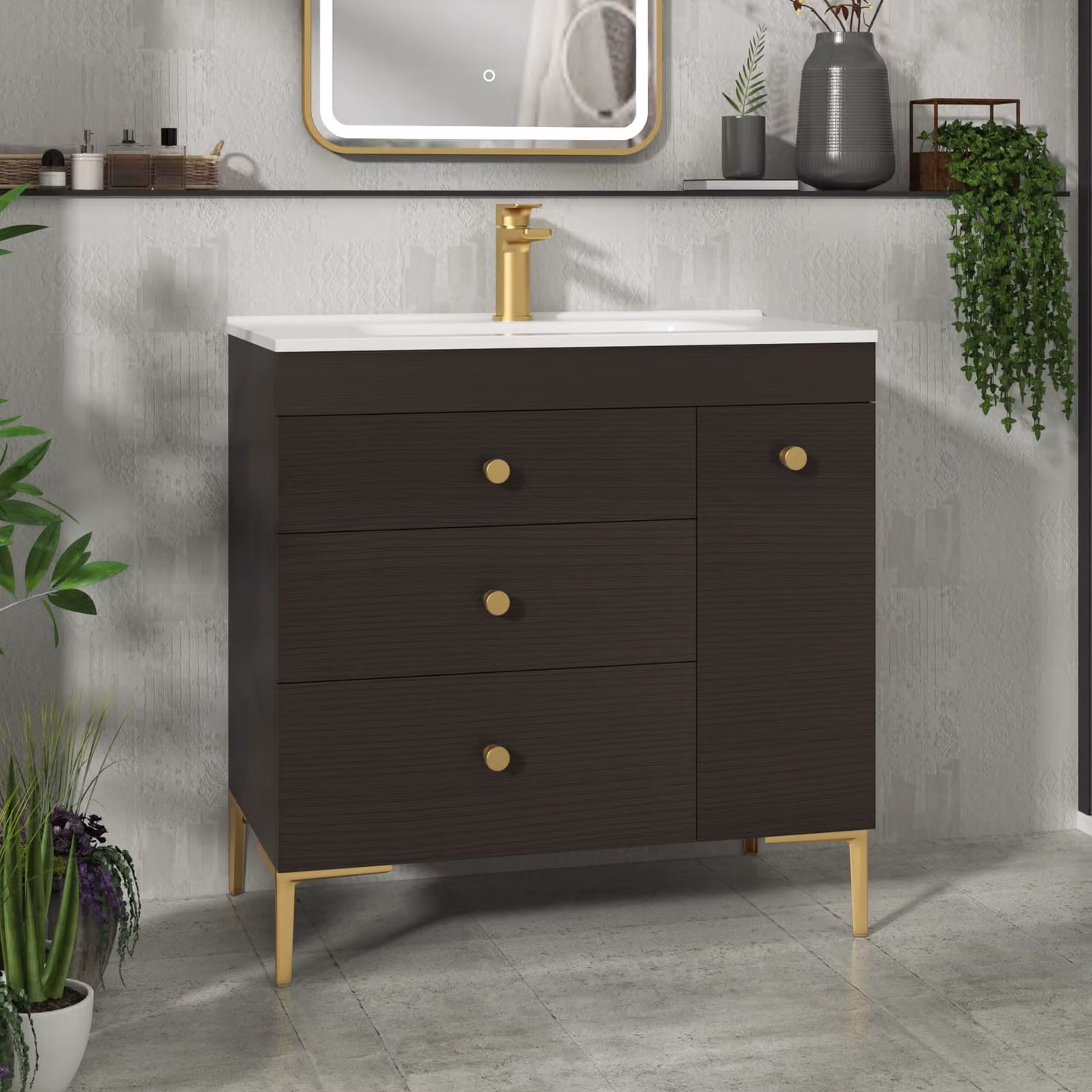 Royal Bathrooms Verona 800mm Walnut Woodgrain Floor Standing Vanity Unit with 3 Drawers, Side Pull Out Storage and Ceramic Basin in Brown with Brushed Brass Knob