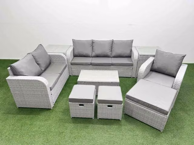 Fimous Patio 9 Seater Grey Rattan Outdoor Furniture Set with U-Shape Sofa, 3 Seater Sofa, Loveseat, Reclining Chairs, Ottoman and Rectangular Coffee Table