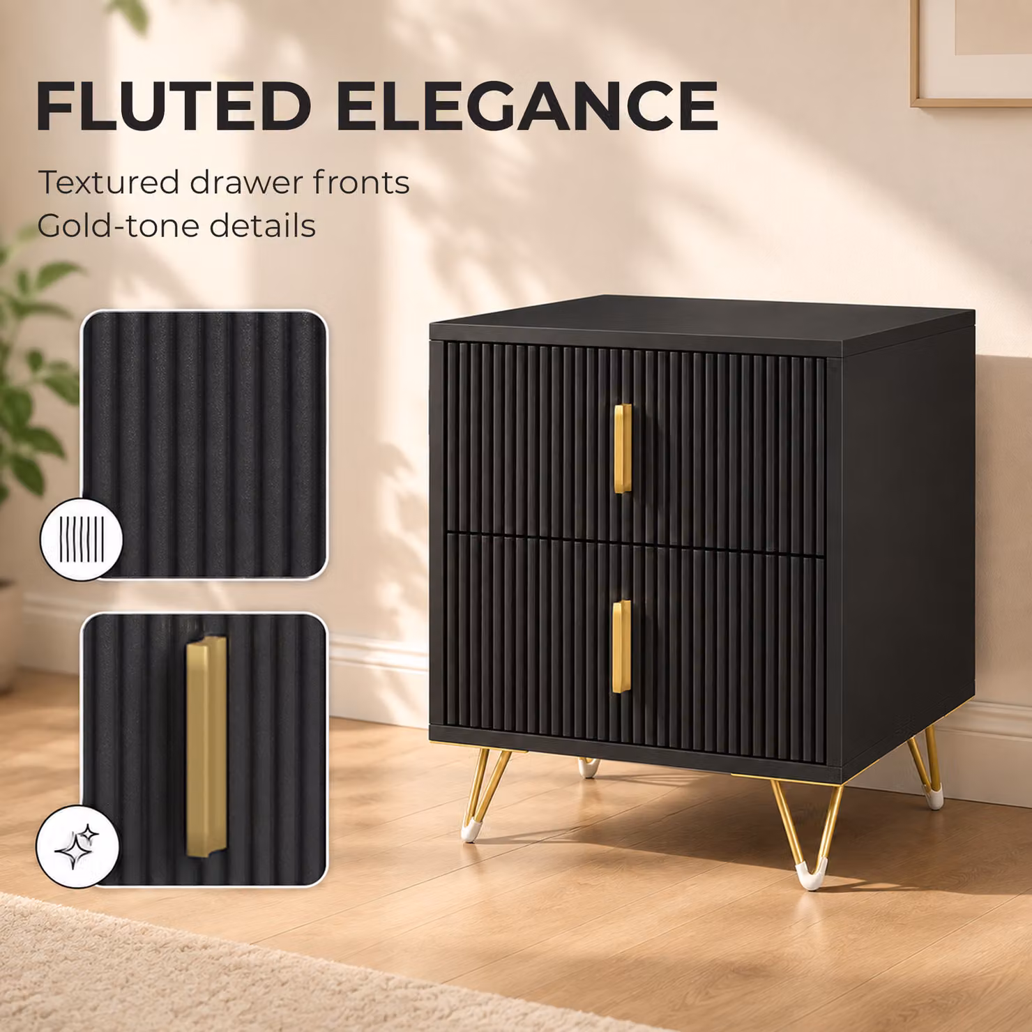 HOMCOM Elegant Fluted Bedside Table in Black and Gold-Tone with Drawers – 4