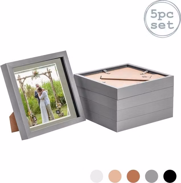 Nicola Spring Pack of 5 Grey 3D Box Photo Frames with 6x6 inch Mounts, W/H: 20.32 x 20.32 cm