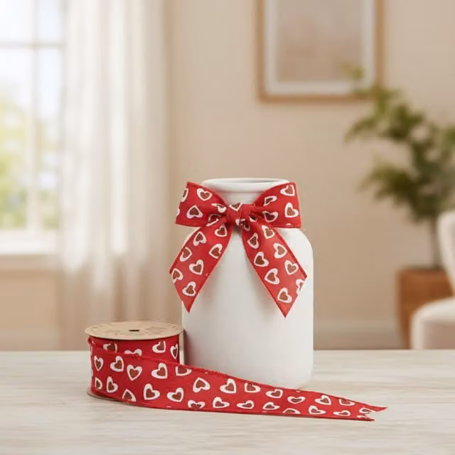 Kingsbury Gifts Red Sparkly Heart Wire Edged Decal Ribbon, 10m x 60mm