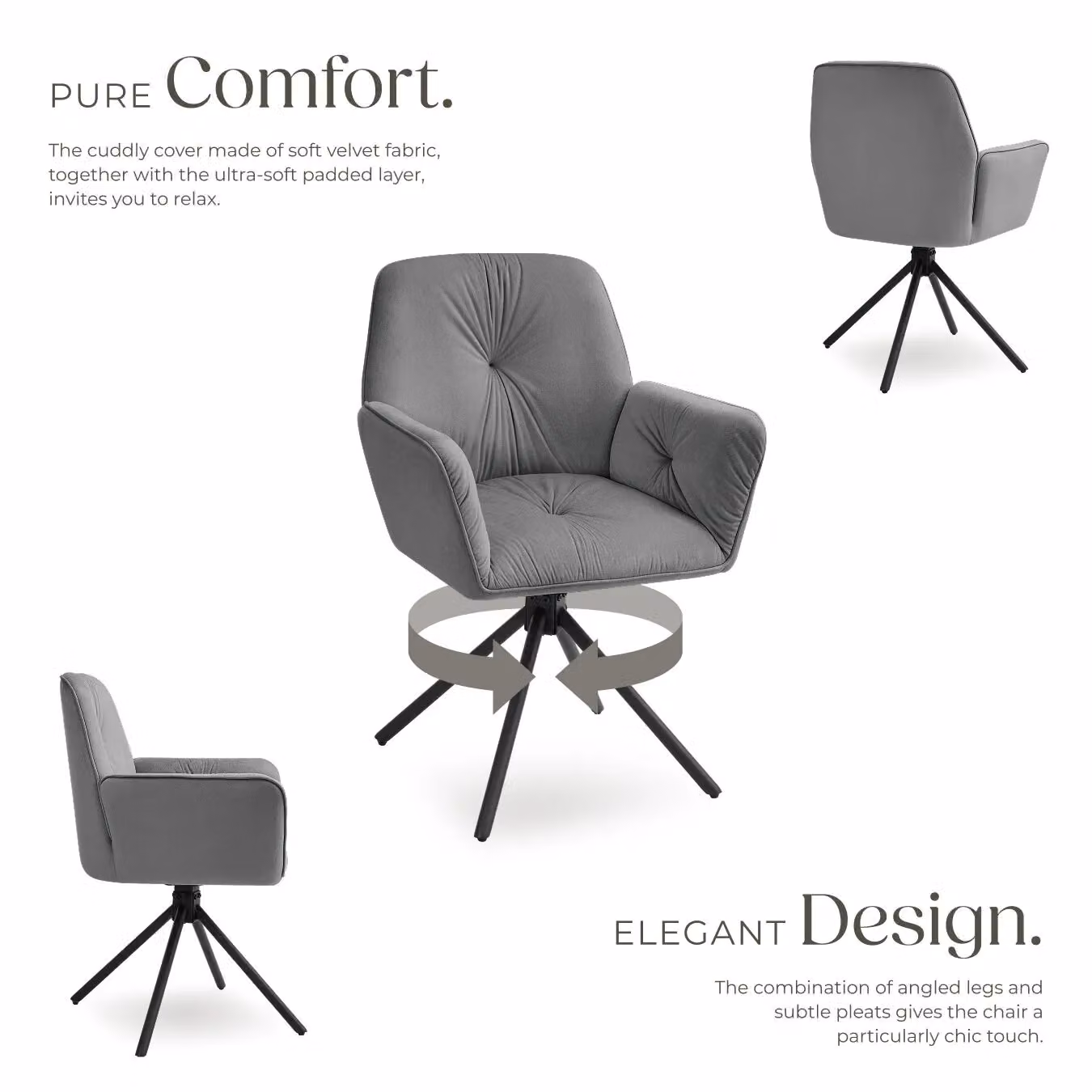 tectake Lenia Set of 4 Swivel Dining Chairs in Dark Grey Velvet Look with Anthracite and Black Accents – 3