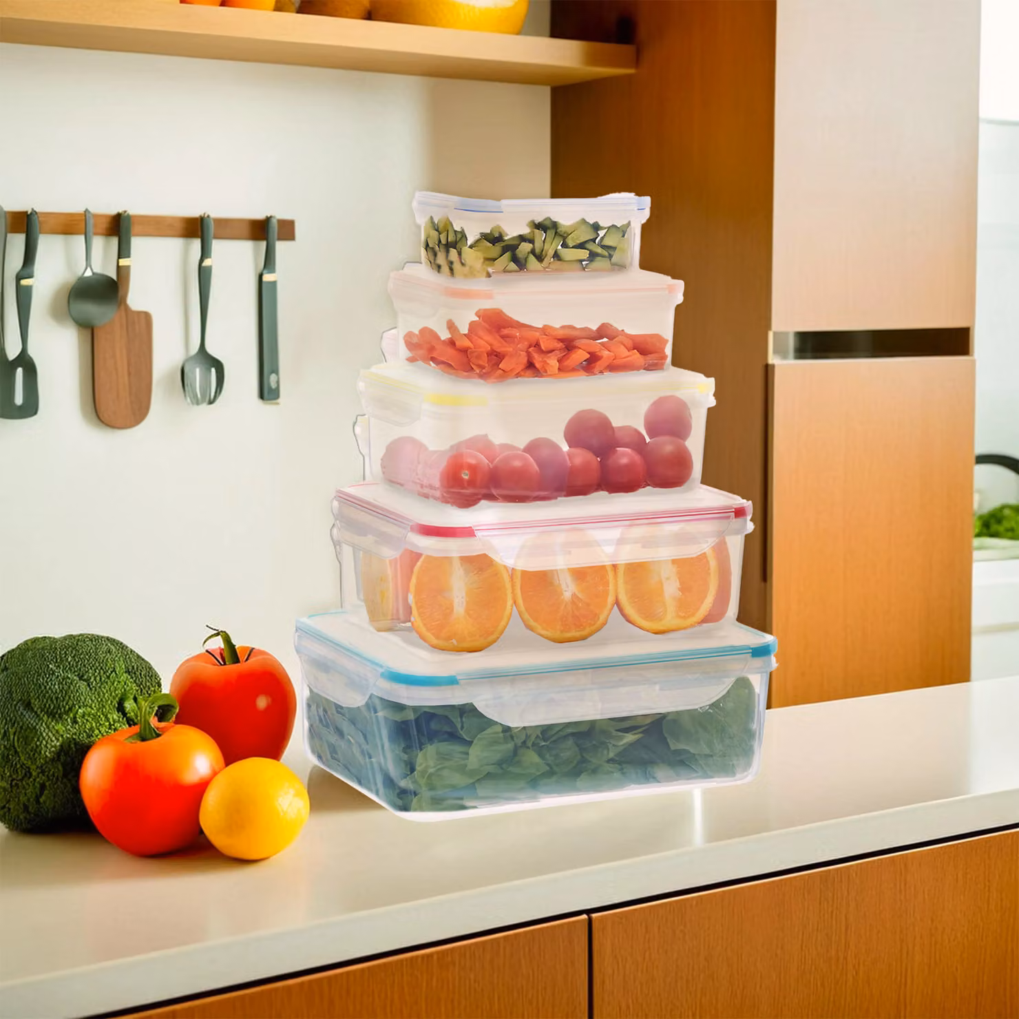 Premier Housewares Set of 10 Airtight and Leakproof Plastic Food Storage Containers, Stackable, Transparent and Multicolour – 3