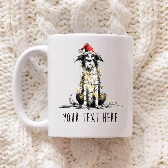 60 SECOND MAKEOVER Personalised Border Collie Christmas Lights Santa Hat White Ceramic Mug