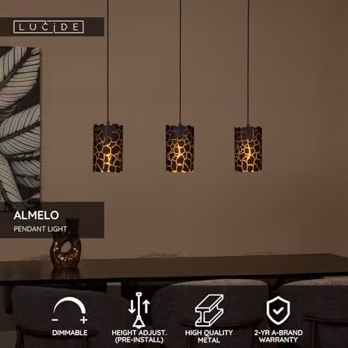 Lucide Almelo Pendant Light, Black and Gold/Brass, 3 x E27, Height Adjustable – 2