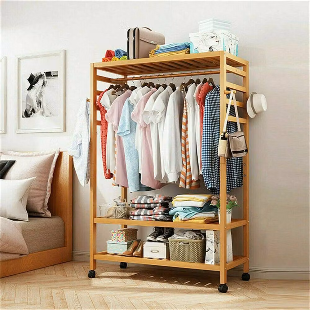FLAVORA Rolling Clothes Rack Open Wardrobe in Natural Bamboo, W/D/H: 78 x 37 x 165 cm – 2