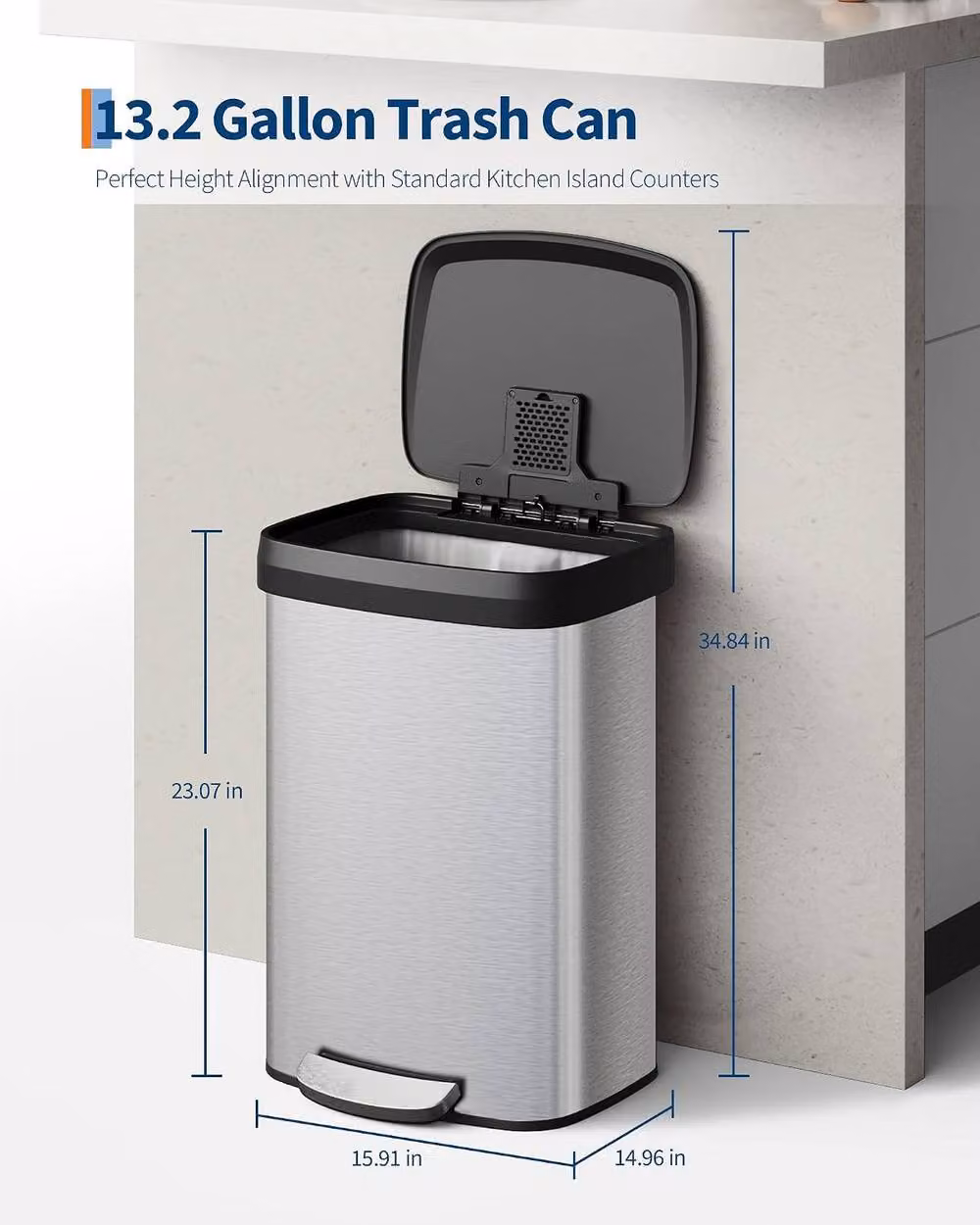 London Boutique 50L Stainless Steel Step-on Kitchen Trash Can with Soft-Close Lid in Silver – 3