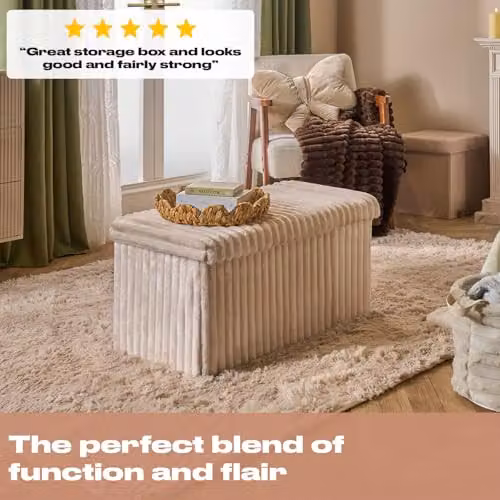 OHS Modern Cream Ribbed Rectangle Storage Ottoman with Lid – 2