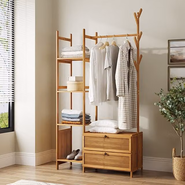 Livingandhome Minimalist Wooden Hall Tree with Bench and Dual Hook and Rail Matrix in Brown