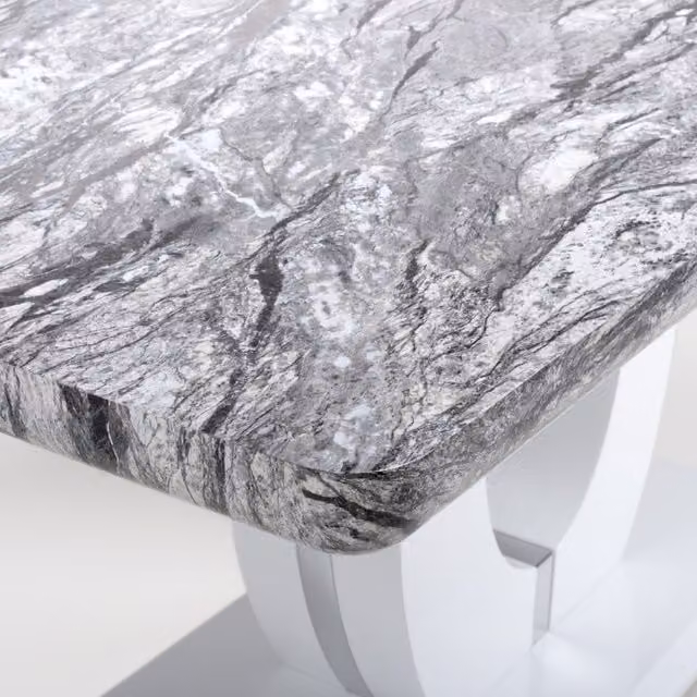 Shankar Round Marble Top Dining Set with Rubberwood Base in Silver, Grey and White