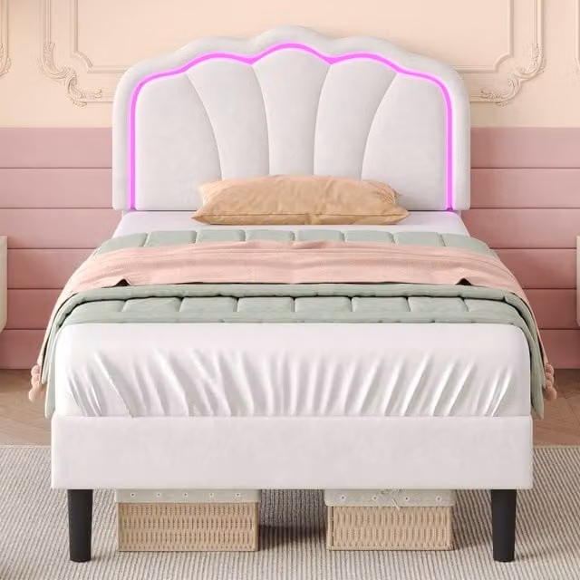 Merax White Velvet Single Bed with LED Under-Bed Lighting and Adjustable Headboard, W/D/H: 90 x 190 cm