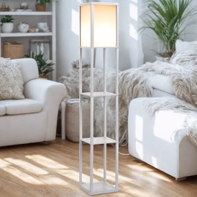 Furnold Modern Dimmable Floor Lamp with 3 Wood Shelves in White
