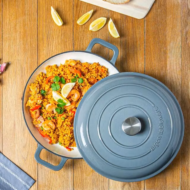 Argon Tableware Pack of 2 Round Enamelled Cast Iron Casserole Dishes with Lids, Grey