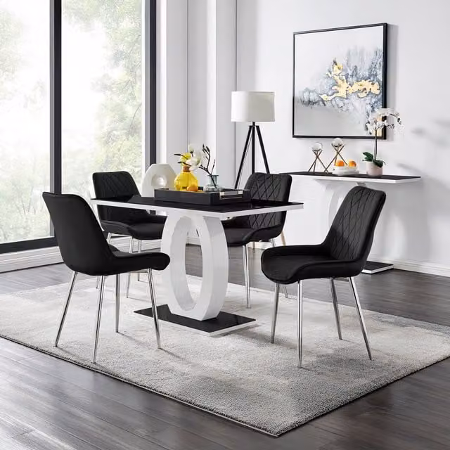 FurnitureboxUK Giovani Black Glass Dining Table and Four Pesaro Silver Leg Chairs Set, W: 120 cm