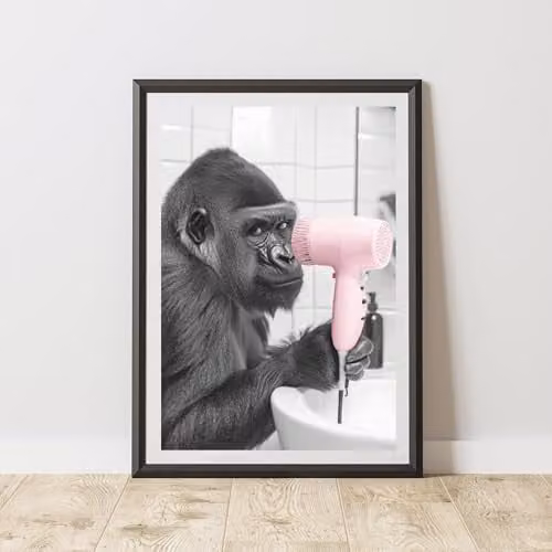 60 Second Makeover Funny Gorilla and Hairdryer Paper Poster, Black, White and Multicolour, H: 29.7 cm x W: 21.0 cm