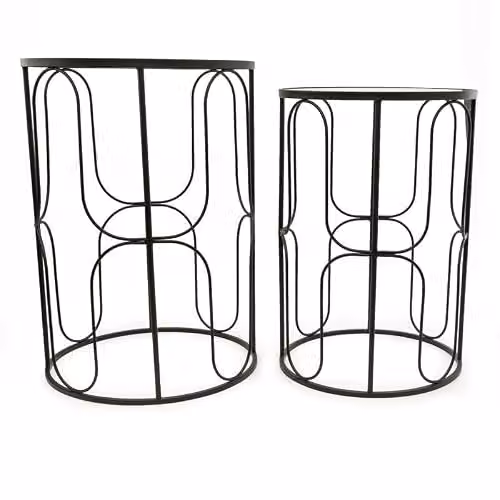 Madison & Mayfair Set of 2 Black Wavy Wire Nesting Tables with Glass Tops