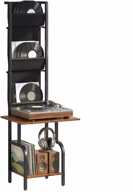 Rolipo Black Vinyl Record Player Stand with Fabric Storage Pockets and Media Compartments
