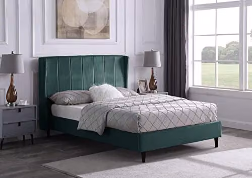 Seconique Amelia Upholstered Double Bed Frame in Green Velvet Fabric, W/D/H: 140 x 200 x 115 cm
