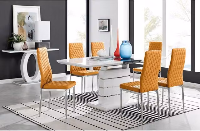 FurnitureboxUK Renato High Gloss Extending Kitchen Dining Table and 8 Milan Chairs in Yellow