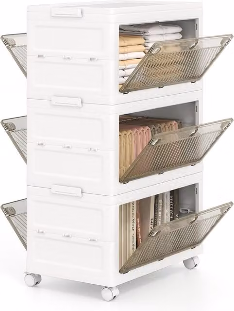 Costway 3-Tier Stackable and Collapsible Storage Bins in White – 1