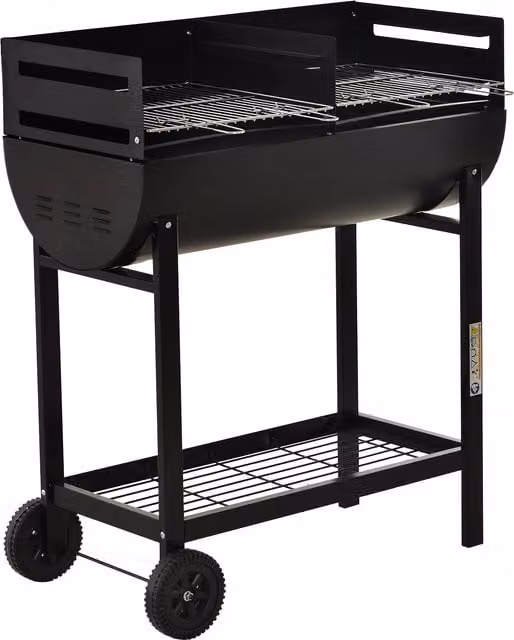 Outsunny Charcoal Barbecue Grill Trolley in Black with Dual Grill Nets and Wheels, Steel Construction, W/D/H: 96 x 90 x 45 cm