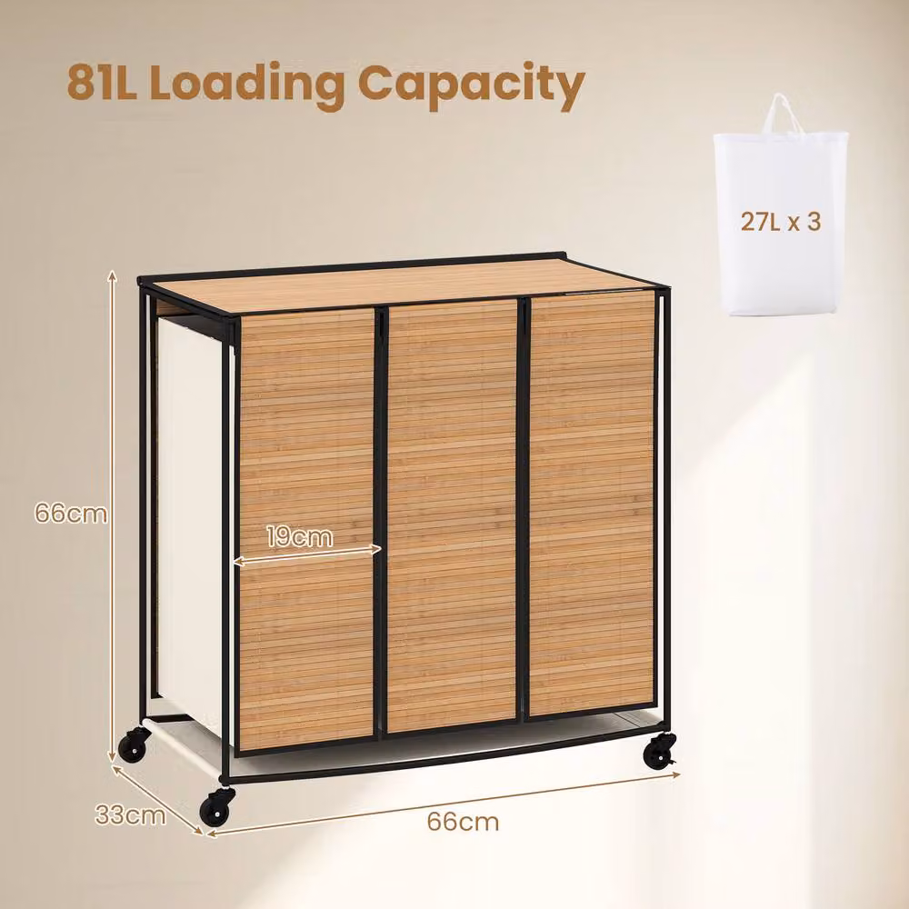 Costway 81L Bamboo 3-Section Rolling Laundry Hamper Sorter with Lid in Natural Brown – 2