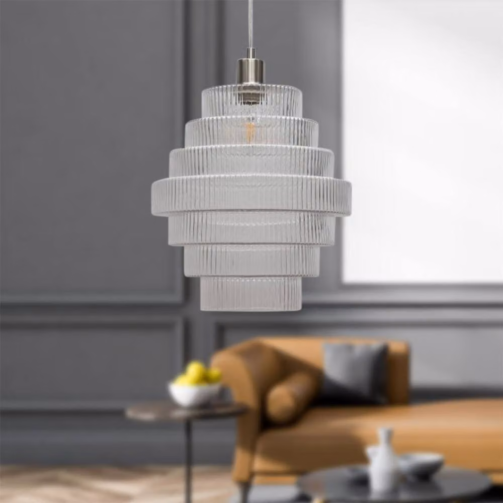 First Choice Lighting Benson Set of 2 Tier Large Glass Pendant Lights in Silver and Transparent, H 113 cm x W 29.5 cm x D 29.5 cm – 2