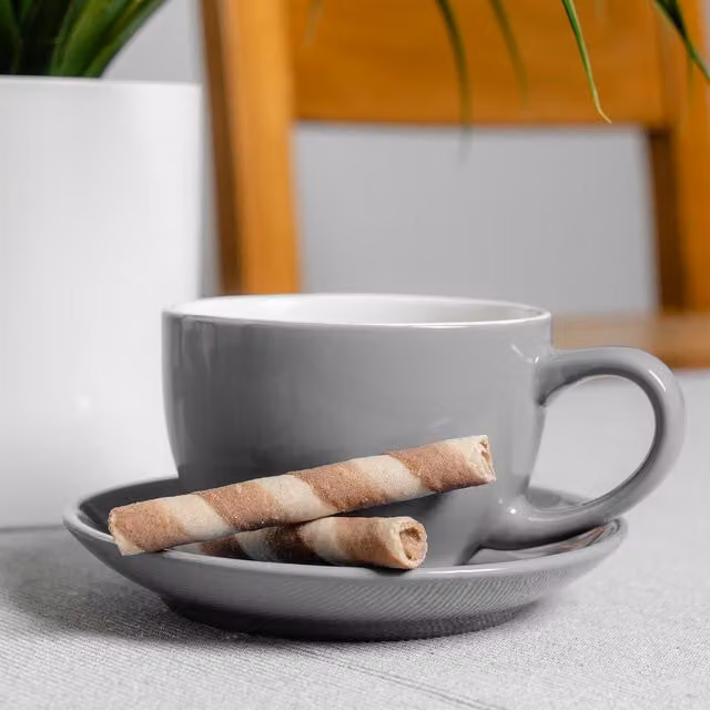 Argon Tableware Grey Stoneware Cappuccino Cup and Saucer Set, 250ml